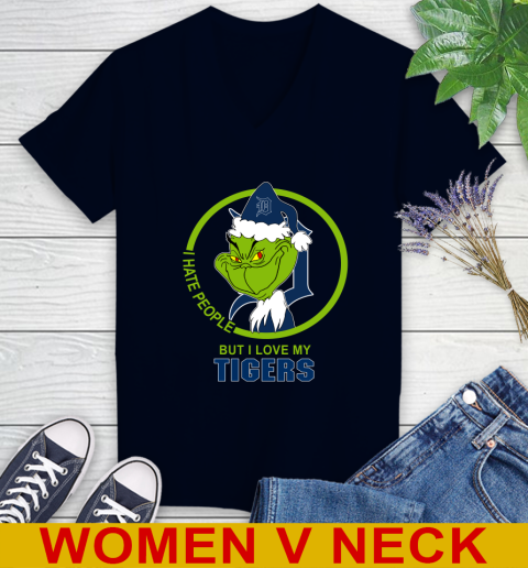 Detroit Tigers MLB Christmas Grinch I Hate People But I Love My Favorite Baseball Team Women's V-Neck T-Shirt 3