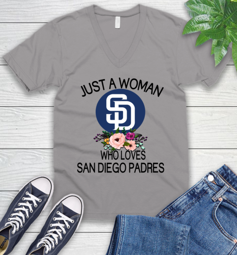 MLB Just A Woman Who Loves San Diego Padres Baseball Sports V-Neck T-Shirt 2