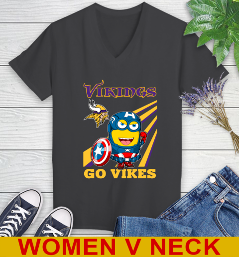 NFL Football Minnesota Vikings Captain America Marvel Avengers Minion Shirt Women's V-Neck T-Shirt 8