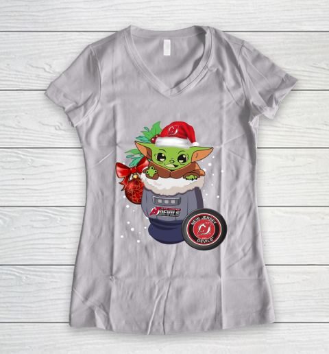 New Jersey Devils Christmas Baby Yoda Star Wars Funny Happy NHL Women's V-Neck T-Shirt 2