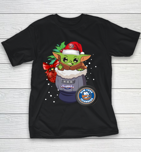 New York Islanders Christmas Baby Yoda Star Wars Funny Happy NHL Youth T-Shirt 2