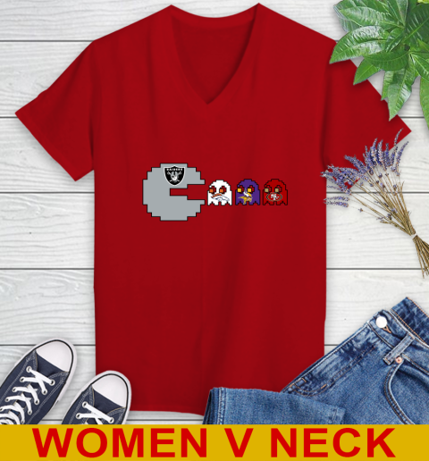 Oakland Raiders NFL Football Pac Man Champion Women's V-Neck T-Shirt 12