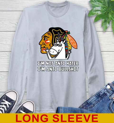 Chicago Blackhawks NHL Hockey Unicorn I'm Not Anti Hater I'm Anti Bullshit Long Sleeve T-Shirt 6