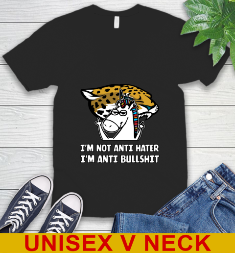 Jacksonville Jaguars NFL Football Unicorn I'm Not Anti Hater I'm Anti Bullshit V-Neck T-Shirt 2