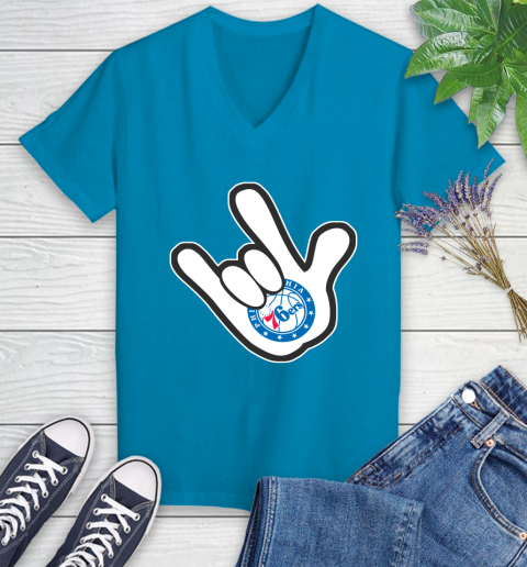 Philadelphia 76ers NBA Basketball Mickey Rock Hand Disney Women's V-Neck T-Shirt 7