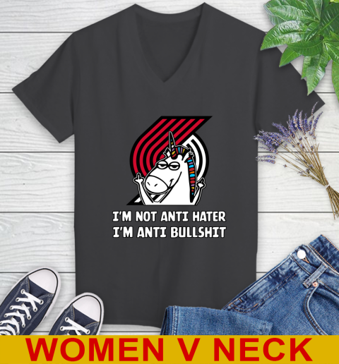 Portland Trail Blazers NBA Basketball Unicorn I'm Not Anti Hater I'm Anti Bullshit Women's V-Neck T-Shirt 9