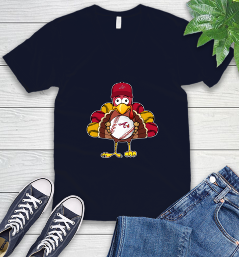 Atlanta Braves Turkey thanksgiving V-Neck T-Shirt 3