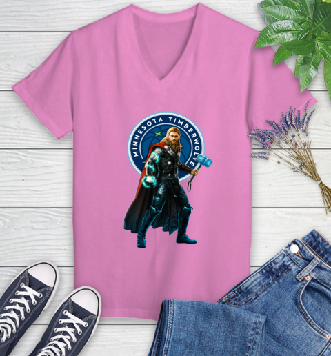 NBA Thor Avengers Endgame Basketball Minnesota Timberwolves Women's V-Neck T-Shirt 14