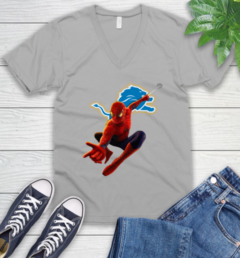 NFL Spider Man Avengers Endgame Football Detroit Lions V-Neck T-Shirt 4
