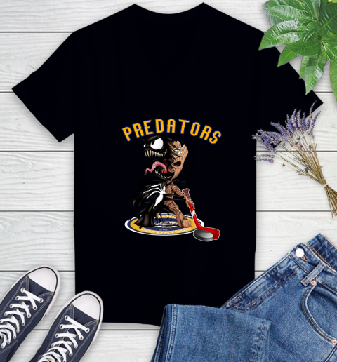 NHL Nashville Predators Hockey Venom Groot Guardians Of The Galaxy Women's V-Neck T-Shirt 2