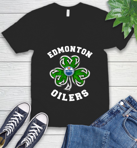 NHL Edmonton Oilers Three Leaf Clover St Patrick's Day Hockey Sports V-Neck T-Shirt