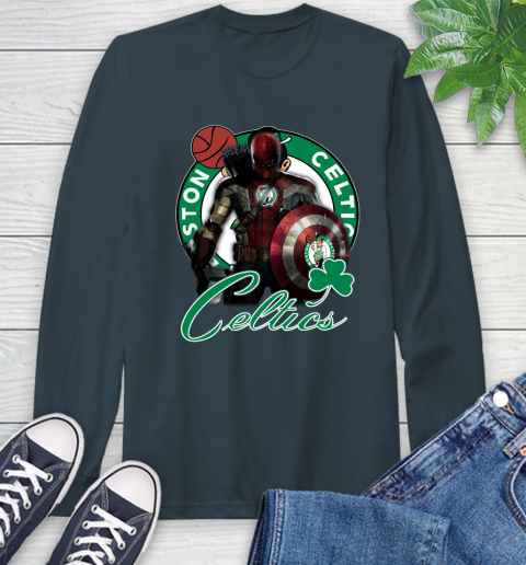 Boston Celtics NBA Basketball Captain America Thor Spider Man Hawkeye Avengers Long Sleeve T-Shirt 8