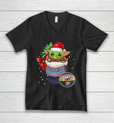 Oklahoma City Thunder Christmas Baby Yoda Star Wars Funny Happy NBA V-Neck T-Shirt