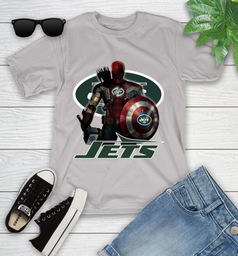 NFL Captain America Thor Spider Man Hawkeye Avengers Endgame Football New York Jets Youth T-Shirt 12