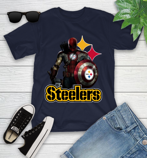 NFL Captain America Thor Spider Man Hawkeye Avengers Endgame Football Pittsburgh Steelers Youth T-Shirt 15