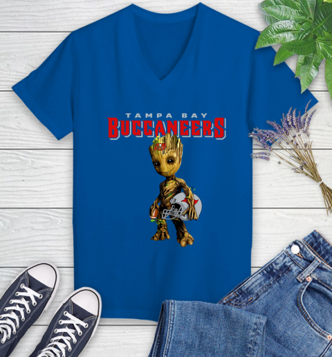 Tampa Bay Buccaneers NFL Football Groot Marvel Guardians Of The Galaxy Women's V-Neck T-Shirt 10