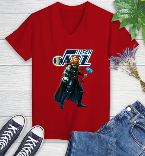 NBA Thor Avengers Endgame Basketball Utah Jazz Women's V-Neck T-Shirt 12