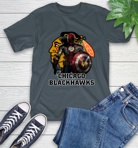 NHL Captain America Thor Spider Man Hawkeye Avengers Endgame Hockey Chicago Blackhawks T-Shirt 9