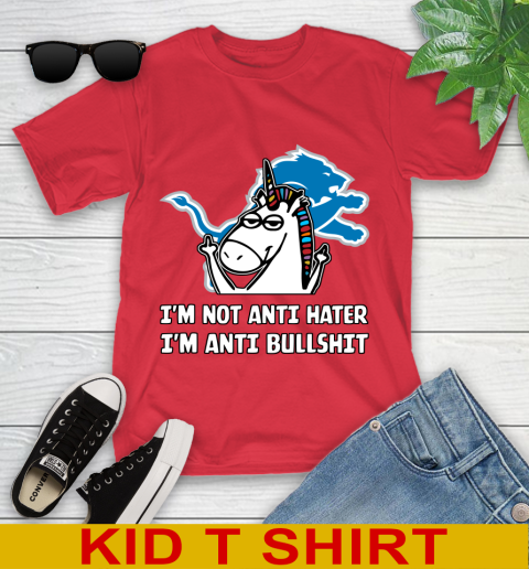 Detroit Lions NFL Football Unicorn I'm Not Anti Hater I'm Anti Bullshit Youth T-Shirt 10