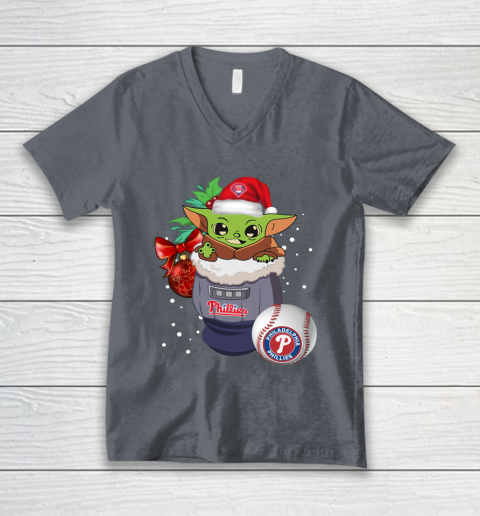 Philadelphia Phillies Christmas Baby Yoda Star Wars Funny Happy MLB V-Neck T-Shirt 5