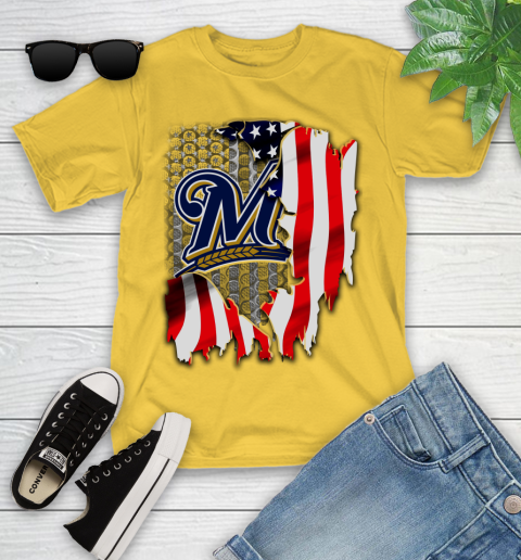 Milwaukee Brewers MLB Baseball American Flag Youth T-Shirt 10
