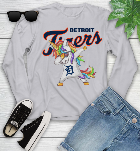 Detroit Tigers MLB Baseball Funny Unicorn Dabbing Sports Youth Long Sleeve 5