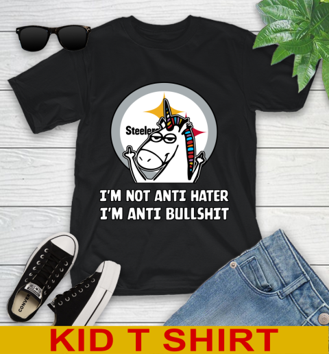 Pittsburgh Steelers NFL Football Unicorn I'm Not Anti Hater I'm Anti Bullshit Youth T-Shirt 2