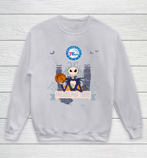 NBA Philadelphia 76ers Basketball Jack Skellington Halloween Youth Sweatshirt 3