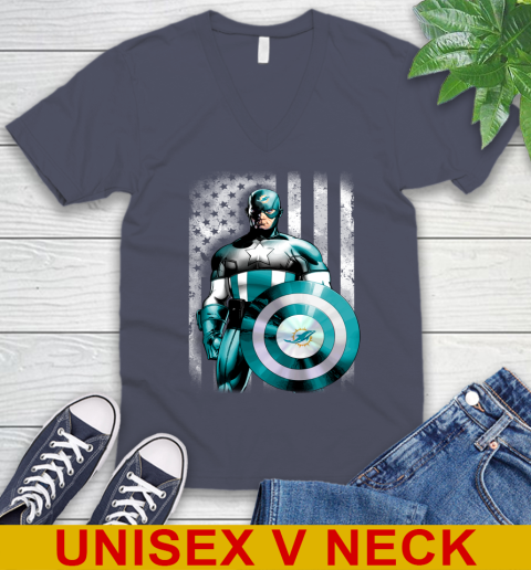 Miami Dolphins NFL Football Captain America Marvel Avengers American Flag Shirt V-Neck T-Shirt 7
