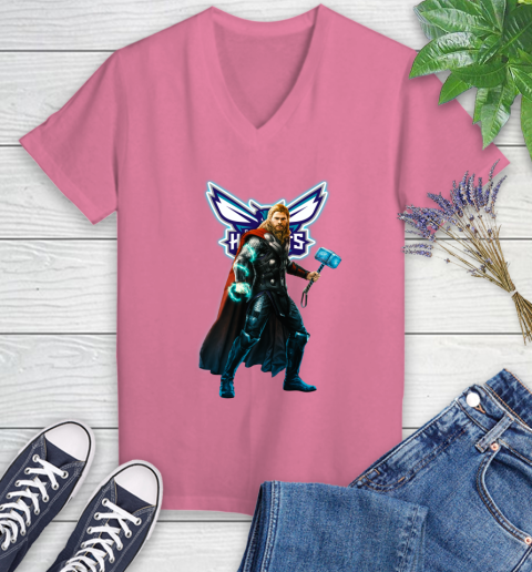 NBA Thor Avengers Endgame Basketball Charlotte Hornets Women's V-Neck T-Shirt 13