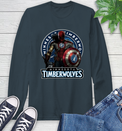 Minnesota Timberwolves NBA Basketball Captain America Thor Spider Man Hawkeye Avengers Long Sleeve T-Shirt 8