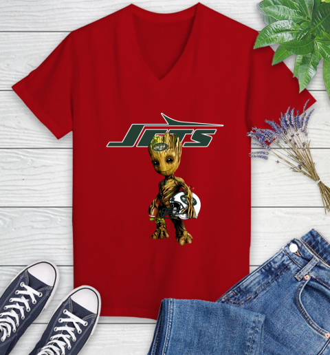 New York Jets NFL Football Groot Marvel Guardians Of The Galaxy Women's V-Neck T-Shirt 12