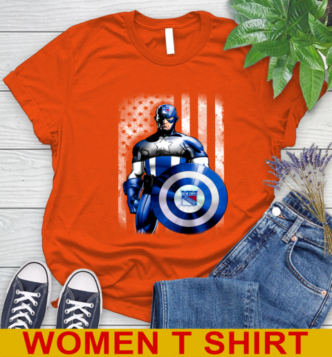 New York Rangers NHL Hockey Captain America Marvel Avengers American Flag Shirt Women's T-Shirt 3
