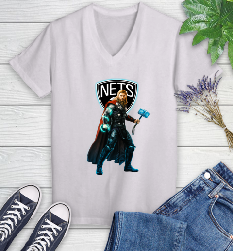 NBA Thor Avengers Endgame Basketball Brooklyn Nets Women's V-Neck T-Shirt