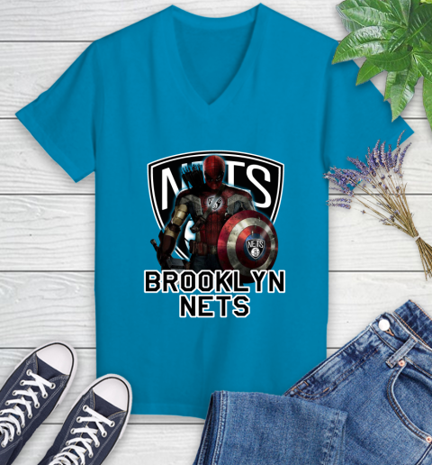 Brooklyn Nets NBA Basketball Captain America Thor Spider Man Hawkeye Avengers Women's V-Neck T-Shirt 7