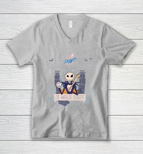 MLB Los Angeles Dodgers Baseball Jack Skellington Halloween V-Neck T-Shirt 3
