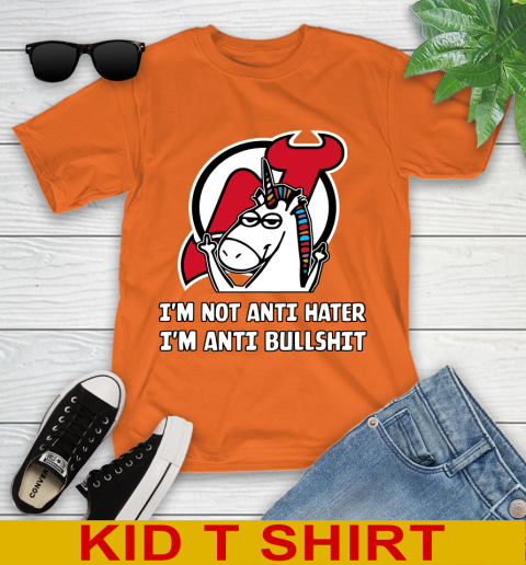 New Jersey Devils NHL Hockey Unicorn I'm Not Anti Hater I'm Anti Bullshit Youth T-Shirt 7