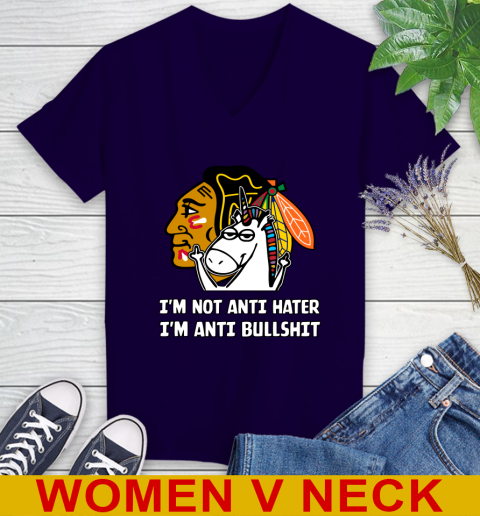 Chicago Blackhawks NHL Hockey Unicorn I'm Not Anti Hater I'm Anti Bullshit Women's V-Neck T-Shirt 4