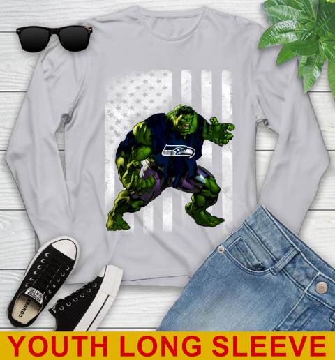Seattle Seahawks Hulk Marvel Avengers NFL Football American Flag Youth Long Sleeve 5