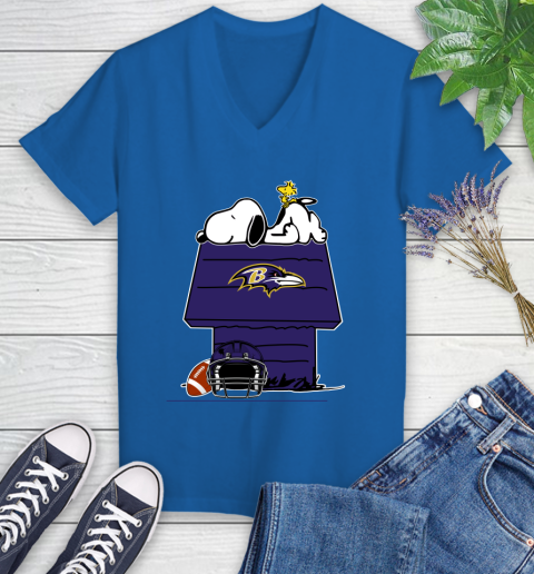 Baltimore Ravens NFL Football Snoopy Woodstock The Peanuts Movie Women's V-Neck T-Shirt 10