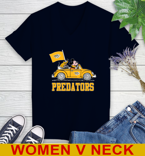 NHL Hockey Nashville Predators Pluto Mickey Driving Disney Shirt Women's V-Neck T-Shirt 3