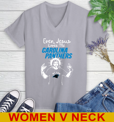 Carolina Panthers NFL Football Even Jesus Loves The Panthers Shirt Women's V-Neck T-Shirt 4