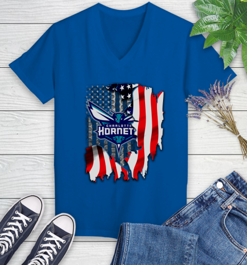 Charlotte Hornets NBA Basketball American Flag Women's V-Neck T-Shirt 10