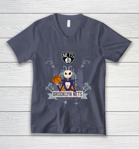 NBA Brooklyn Nets Basketball Jack Skellington Halloween V-Neck T-Shirt 7