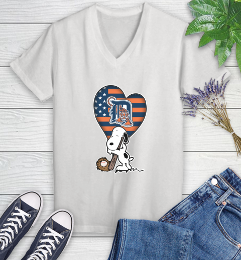 Detroit Tigers MLB Baseball The Peanuts Movie Adorable Snoopy Women's V-Neck T-Shirt