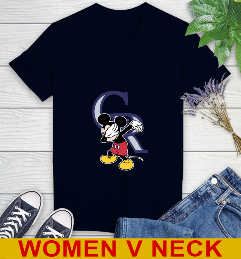 Colorado Rockies MLB Baseball Dabbing Mickey Disney Sports Women's V-Neck T-Shirt 3