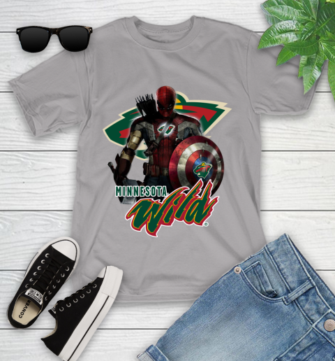NHL Captain America Thor Spider Man Hawkeye Avengers Endgame Hockey Minnesota Wild Youth T-Shirt 4