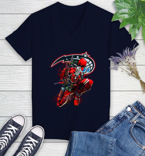 NBA Deadpool Marvel Comics Sports Basketball Orlando Magic Women's V-Neck T-Shirt 3