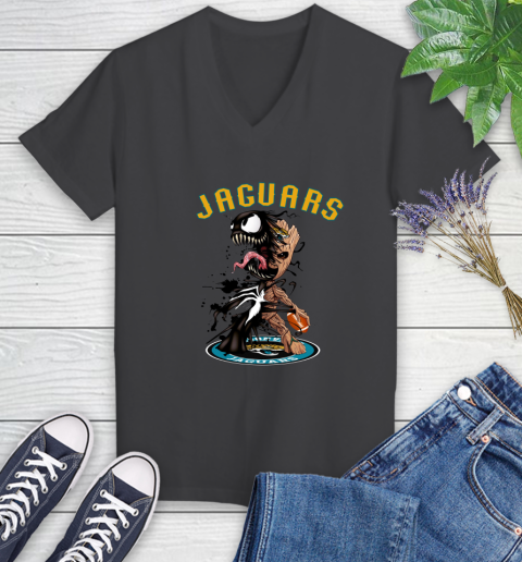 NFL Jacksonville Jaguars Football Venom Groot Guardians Of The Galaxy Women's V-Neck T-Shirt - Image 9