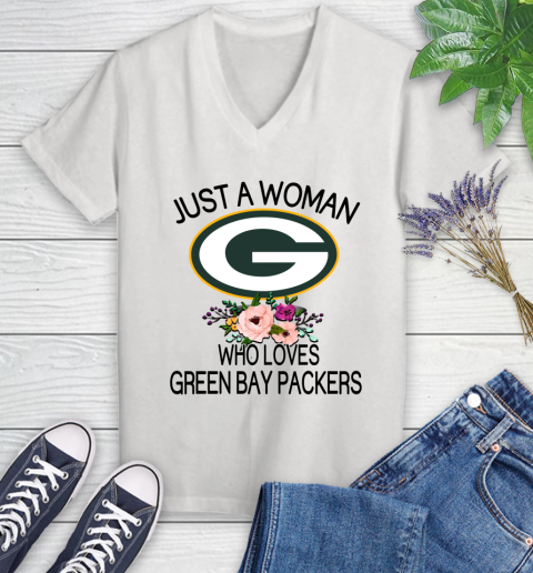 NFL Just A Woman Who Loves Green Bay Packers Football Sports Women's V-Neck T-Shirt
